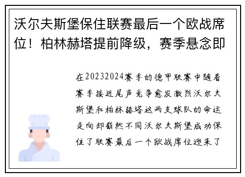 沃尔夫斯堡保住联赛最后一个欧战席位！柏林赫塔提前降级，赛季悬念即将揭晓