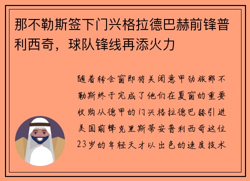 那不勒斯签下门兴格拉德巴赫前锋普利西奇，球队锋线再添火力