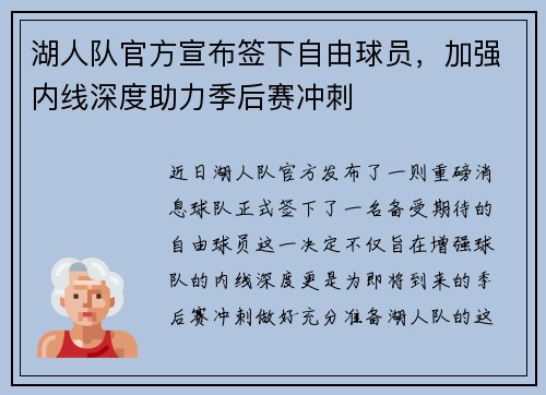 湖人队官方宣布签下自由球员，加强内线深度助力季后赛冲刺